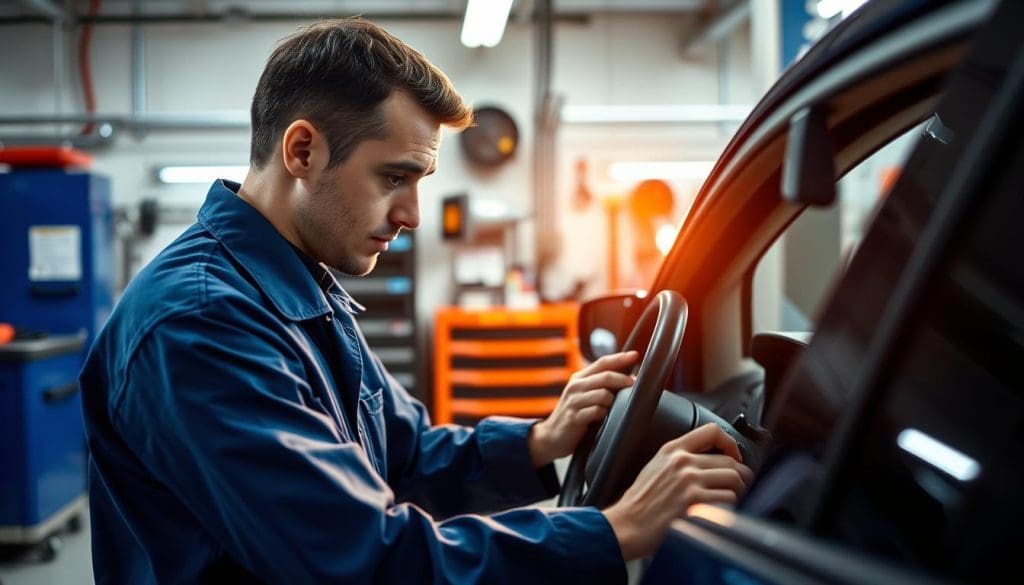 ADAS calibration technician conducting car diagnostics. ADAS calibration technician conducting car diagnostics.