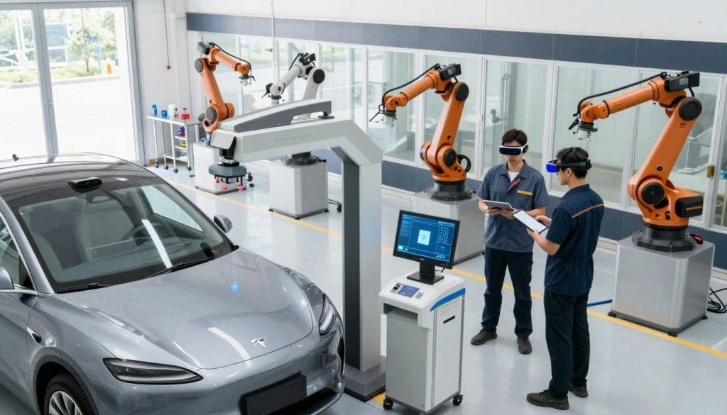 A modern collision repair facility showcasing advanced technology and techniques. In the foreground, a sleek electric vehicle is being assessed on a cutting-edge digital measuring system, with precision laser scanners and computers nearby. In the middle, skilled technicians in professional work attire are collaborating, using augmented reality headsets and touchscreens to strategize repairs. The background features an array of high-tech tools, like robotic arms and automated paint booths, illuminated by bright, natural lighting streaming through large windows. The atmosphere conveys innovation and professionalism, highlighting the latest advancements in collision repair. Capture the scene from a slightly elevated angle to emphasize the workflow and technology integration, creating an inviting and forward-thinking visual environment. A modern collision repair facility showcasing advanced technology and techniques. In the foreground, a sleek electric vehicle is being assessed on a cutting-edge digital measuring system, with precision laser scanners and computers nearby. In the middle, skilled technicians in professional work attire are collaborating, using augmented reality headsets and touchscreens to strategize repairs. The background features an array of high-tech tools, like robotic arms and automated paint booths, illuminated by bright, natural lighting streaming through large windows. The atmosphere conveys innovation and professionalism, highlighting the latest advancements in collision repair. Capture the scene from a slightly elevated angle to emphasize the workflow and technology integration, creating an inviting and forward-thinking visual environment.