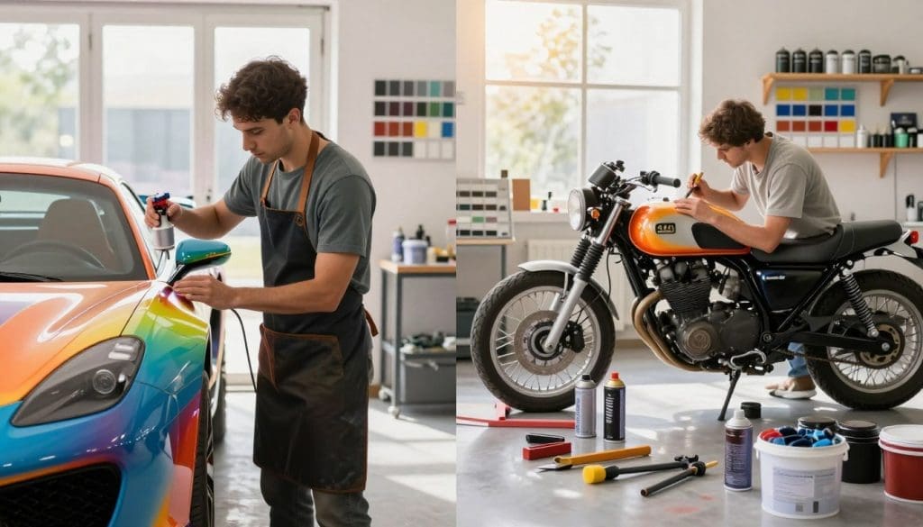 A bright, well-lit workshop showcasing two contrasting sections: on the left, a professional detailer in a neat apron meticulously applying a vibrant custom paint job on a sleek sports car, using high-quality spray equipment. On the right, a DIY enthusiast wearing casual clothing, carefully painting a vintage motorcycle with a brush, surrounded by an array of spray cans and paint buckets. The foreground features tools scattered on a clean surface, adding a sense of realism. In the background, shelves lined with paint samples and color charts create depth. Soft, natural sunlight filters through large windows, creating an inviting and warm atmosphere that highlights the creativity and art of custom painting. The overall mood is vibrant and inspiring, capturing the passion behind both professional and DIY paint jobs.