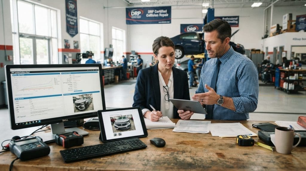 A modern DRP (Direct Repair Program) shop interior showcasing a professional setting where a businesslike individual, wearing a neat shirt and tie, coordinates an electronic repair estimate with a focused insurance adjuster in a smart blazer. In the foreground, close-up of a computer screen displaying detailed repair estimates, tools, and diagnostic equipment scattered around. In the middle, both individuals are engaged in conversation, analyzing paperwork and using a tablet to review images of the damaged vehicle. The background features a well-lit shop with organized workstations, large windows letting in natural light, and a busy but orderly atmosphere. The overall mood should convey professionalism and collaboration, emphasizing the technical nature of the repair estimates process. A modern DRP (Direct Repair Program) shop interior showcasing a professional setting where a businesslike individual, wearing a neat shirt and tie, coordinates an electronic repair estimate with a focused insurance adjuster in a smart blazer. In the foreground, close-up of a computer screen displaying detailed repair estimates, tools, and diagnostic equipment scattered around. In the middle, both individuals are engaged in conversation, analyzing paperwork and using a tablet to review images of the damaged vehicle. The background features a well-lit shop with organized workstations, large windows letting in natural light, and a busy but orderly atmosphere. The overall mood should convey professionalism and collaboration, emphasizing the technical nature of the repair estimates process.