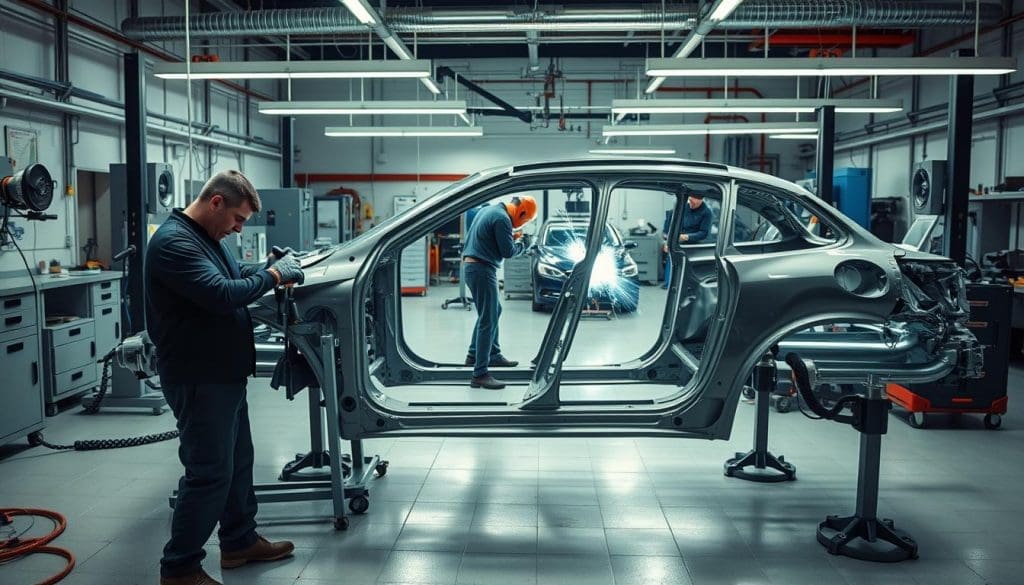A modern, well-equipped auto body shop with technicians using advanced tools and technology to meticulously repair a damaged vehicle frame. In the foreground, a technician carefully aligns the frame using specialized clamps and jigs, ensuring precise measurements. In the middle ground, other technicians wield power tools, grinding and welding the frame back to its original shape. The background features a clean, organized workspace with a variety of state-of-the-art diagnostic equipment and repair machines. Soft, directional lighting casts an atmosphere of professionalism and attention to detail, conveying the care and expertise required for proper collision repair. A modern, well-equipped auto body shop with technicians using advanced tools and technology to meticulously repair a damaged vehicle frame. In the foreground, a technician carefully aligns the frame using specialized clamps and jigs, ensuring precise measurements. In the middle ground, other technicians wield power tools, grinding and welding the frame back to its original shape. The background features a clean, organized workspace with a variety of state-of-the-art diagnostic equipment and repair machines. Soft, directional lighting casts an atmosphere of professionalism and attention to detail, conveying the care and expertise required for proper collision repair.