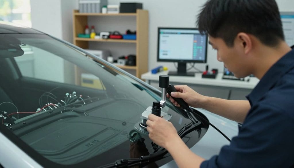 A close-up view of a detailed Advanced Driver Assistance Systems (ADAS) windshield calibration process in an automotive repair shop. In the foreground, a technician in professional attire meticulously calibrates a sensor mounted on the windshield, using specialized calibration equipment. The middle ground features a high-tech vehicle with a partially removed windshield, showcasing intricate wiring and components. The background includes shelves filled with automotive tools and a digital screen displaying calibration metrics. Soft, natural lighting filters through a nearby window, creating a focused yet inviting atmosphere. The camera angle is slightly elevated, capturing the technician's concentration while providing a comprehensive view of the calibration setup. A close-up view of a detailed Advanced Driver Assistance Systems (ADAS) windshield calibration process in an automotive repair shop. In the foreground, a technician in professional attire meticulously calibrates a sensor mounted on the windshield, using specialized calibration equipment. The middle ground features a high-tech vehicle with a partially removed windshield, showcasing intricate wiring and components. The background includes shelves filled with automotive tools and a digital screen displaying calibration metrics. Soft, natural lighting filters through a nearby window, creating a focused yet inviting atmosphere. The camera angle is slightly elevated, capturing the technician's concentration while providing a comprehensive view of the calibration setup.