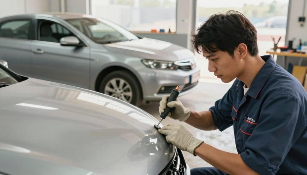 A split image depicting the benefits of Paintless Dent Repair (PDR) versus conventional methods for fixing hail damage on vehicles. In the foreground, showcase a mechanic in professional attire, skillfully applying PDR techniques on a car's dented surface using specialized tools, with a focused expression and an engaged body posture. In the middle ground, contrast a car with visible dents on one side undergoing conventional repair, surrounded by cluttered tools and a painter's setup, creating a busier atmosphere. The background features a bright, well-lit automotive shop, emphasizing cleanliness and professionalism. Use a warm and inviting color palette to convey a sense of trust and reliability, while keeping the lighting even and soft to ensure clarity in the details of both repair methods. A split image depicting the benefits of Paintless Dent Repair (PDR) versus conventional methods for fixing hail damage on vehicles. In the foreground, showcase a mechanic in professional attire, skillfully applying PDR techniques on a car's dented surface using specialized tools, with a focused expression and an engaged body posture. In the middle ground, contrast a car with visible dents on one side undergoing conventional repair, surrounded by cluttered tools and a painter's setup, creating a busier atmosphere. The background features a bright, well-lit automotive shop, emphasizing cleanliness and professionalism. Use a warm and inviting color palette to convey a sense of trust and reliability, while keeping the lighting even and soft to ensure clarity in the details of both repair methods.