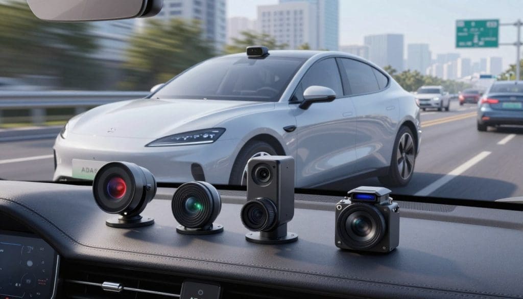 A detailed and informative illustration of Advanced Driver Assistance Systems (ADAS) components and sensors. In the foreground, showcase a collection of ADAS sensors like radar, LIDAR, and cameras, arranged on a sleek, modern car dashboard. In the middle ground, depict a transparent view of a car exterior, highlighting the placement of sensors on the vehicle's surface. In the background, illustrate a cityscape with roads and traffic, emphasizing the functionality of these systems in real-world scenarios. Utilize a dynamic angle, with bright, soft lighting to convey innovation and safety. The atmosphere should be high-tech and professional, reflecting the advanced nature of ADAS technology. No text or markings should be present. A detailed and informative illustration of Advanced Driver Assistance Systems (ADAS) components and sensors. In the foreground, showcase a collection of ADAS sensors like radar, LIDAR, and cameras, arranged on a sleek, modern car dashboard. In the middle ground, depict a transparent view of a car exterior, highlighting the placement of sensors on the vehicle's surface. In the background, illustrate a cityscape with roads and traffic, emphasizing the functionality of these systems in real-world scenarios. Utilize a dynamic angle, with bright, soft lighting to convey innovation and safety. The atmosphere should be high-tech and professional, reflecting the advanced nature of ADAS technology. No text or markings should be present.