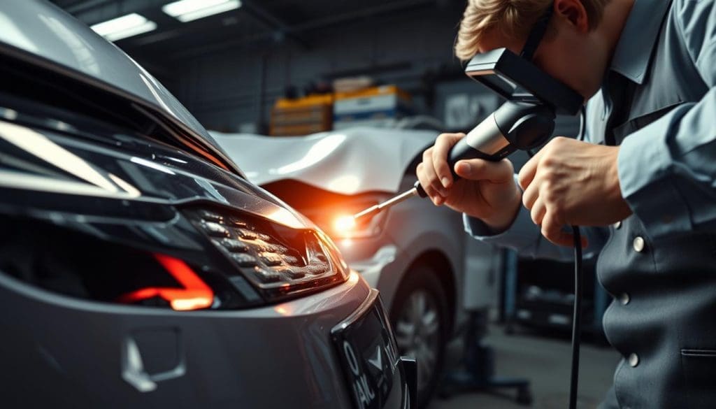 A detailed close-up view of a vehicle&rsquo;s Advanced Driver Assistance System (ADAS) sensor panel, showing visible signs of impact damage from a collision. In the foreground, a technician in professional attire is carefully inspecting the sensor with specialized calibration equipment, highlighting the precision needed for accurate functionality. The middle ground features the crumpled front of a car, with the contrast of the damaged exterior against the sleek design of the sensor panel. In the background, a dimly lit workshop filled with tools and calibration devices underscores the technical atmosphere. The lighting is focused on the sensor, creating a serious and urgent mood, emphasizing the importance of proper ADAS calibration after an accident.