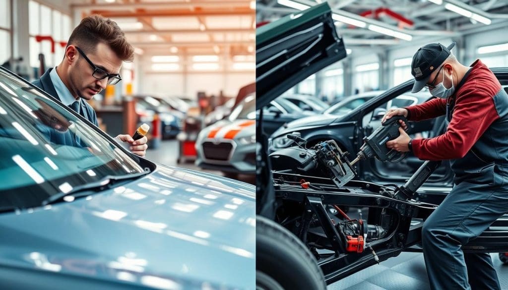 A split-image composition showcasing "cosmetic versus structural auto body repair." In the foreground, on the left, a skilled technician in professional attire is carefully applying a smooth coat of touch-up paint on a shiny car surface, emphasizing precision and detail in cosmetic repair. The right side features another technician using heavy-duty tools to align and reinforce the car&rsquo;s frame, highlighting the strength of structural repair. In the middle ground, a well-organized auto body shop filled with equipment and tools conveys a professional atmosphere. The background includes cars in various repair stages under bright, natural lighting that enhances the vivid colors and textures. The overall mood is industrious and focused, illustrating the importance of both types of repairs in a collision repair context.