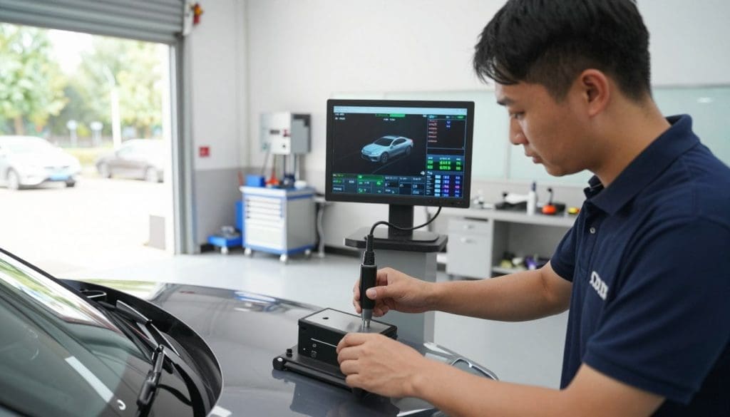 A dedicated automotive workshop setting, showcasing an advanced ADAS calibration process. In the foreground, a professional male technician in a branded polo shirt is carefully adjusting a calibration device mounted on a sleek car hood. The mid-ground features a high-tech alignment bay with digital screens displaying calibration diagnostics and vehicle metrics. In the background, a well-organized space filled with tools and partially open service bay doors, allowing natural daylight to stream in, creating a bright and inviting atmosphere. The angle captures a close-up perspective, emphasizing the precision of calibration tools and the technician's focused expression, conveying the importance of meticulous preparation in ADAS calibration after collision repairs. A dedicated automotive workshop setting, showcasing an advanced ADAS calibration process. In the foreground, a professional male technician in a branded polo shirt is carefully adjusting a calibration device mounted on a sleek car hood. The mid-ground features a high-tech alignment bay with digital screens displaying calibration diagnostics and vehicle metrics. In the background, a well-organized space filled with tools and partially open service bay doors, allowing natural daylight to stream in, creating a bright and inviting atmosphere. The angle captures a close-up perspective, emphasizing the precision of calibration tools and the technician's focused expression, conveying the importance of meticulous preparation in ADAS calibration after collision repairs.