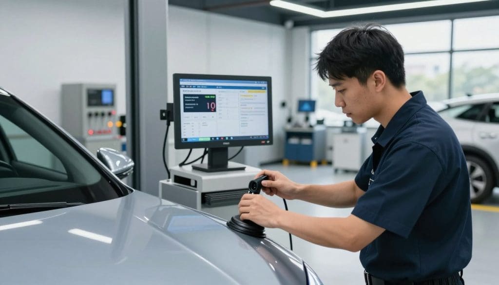 A modern, high-tech automotive garage in San Antonio focused on Advanced Driver-Assistance Systems (ADAS) calibration. In the foreground, a technician dressed in professional attire is carefully adjusting sensors on a sleek, recently repaired vehicle, showcasing precision and attention to detail. The middle ground features advanced calibration equipment, with a diagnostic screen displaying data and calibration status, emphasizing the technical nature of the work. The background reveals a spacious, clean workshop filled with tools and equipment related to vehicle safety systems, with large windows allowing natural light to filter in, creating a bright and professional atmosphere. The mood conveys diligence and expertise in the automotive repair industry, with a hint of urgency typical in collision repair settings. The angle should capture both the technician and the vehicle prominently, framed to highlight the importance of ADAS calibration. A modern, high-tech automotive garage in San Antonio focused on Advanced Driver-Assistance Systems (ADAS) calibration. In the foreground, a technician dressed in professional attire is carefully adjusting sensors on a sleek, recently repaired vehicle, showcasing precision and attention to detail. The middle ground features advanced calibration equipment, with a diagnostic screen displaying data and calibration status, emphasizing the technical nature of the work. The background reveals a spacious, clean workshop filled with tools and equipment related to vehicle safety systems, with large windows allowing natural light to filter in, creating a bright and professional atmosphere. The mood conveys diligence and expertise in the automotive repair industry, with a hint of urgency typical in collision repair settings. The angle should capture both the technician and the vehicle prominently, framed to highlight the importance of ADAS calibration.