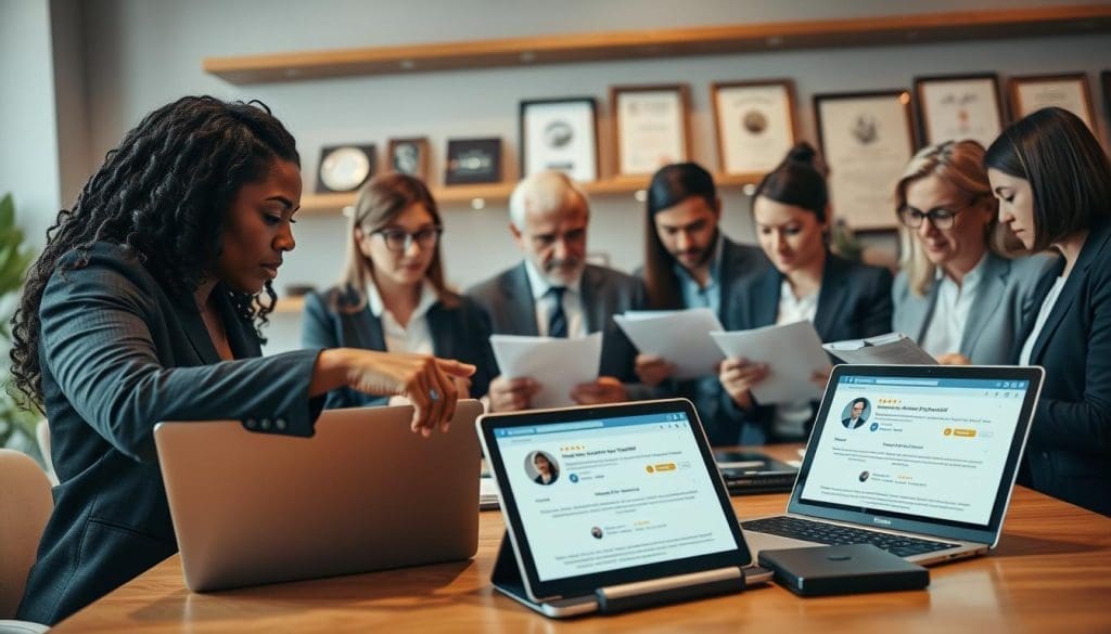 A professional setting for evaluating service quality through reviews, showcasing a diverse group of individuals in business attire engaged in discussion around a table with laptops and tablets displaying customer reviews. In the foreground, a Black woman pointing to a laptop screen, demonstrating engagement and analysis. The middle shows men and women, including Hispanic and Caucasian individuals, reviewing printed feedback forms and taking notes. The background features shelves with awards and certificates, emphasizing credibility. Soft, warm lighting to create an inviting atmosphere, with a slight bokeh effect on the background to focus on the group’s interaction. The overall mood is focused and collaborative, capturing the importance of reviews in decision-making.