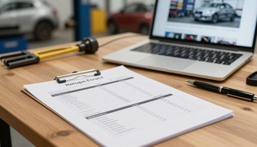 A close-up scene of a well-organized repair estimate document on a wooden desk, showcasing detailed breakdowns of costs and labor for automotive repairs. In the foreground, the document is highlighted, with a pen resting beside it, hinting at a decision in progress. In the middle ground, there's a laptop displaying a professional body shop's website, with images of cars being repaired. The background features a softly blurred automotive repair shop, hinting at a clean, professional environment with tools and equipment. The warm, natural lighting casts a soft glow, creating a thoughtful and focused atmosphere. The angle captures a slightly top-down perspective, emphasizing the importance of the document in the decision-making process.