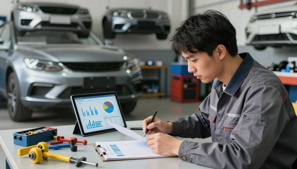 A professional setting depicting a cost comparison between bumper repair and replacement. In the foreground, a focused mechanic in a smart, casual outfit is examining a detailed cost analysis worksheet on a table, equipped with tools and parts. The middle ground features a digital tablet displaying graphs and charts related to labor costs and materials. In the background, a well-organized auto shop with bumpers displayed prominently emphasizes the industry context. Soft, natural lighting enhances the scene, casting gentle shadows and creating an inviting atmosphere. Capture the seriousness of the decision-making process while maintaining a sense of professionalism and clarity in the arrangement. Use a wide-angle lens for a comprehensive view, highlighting both the detailed interactions and the broader workspace environment.