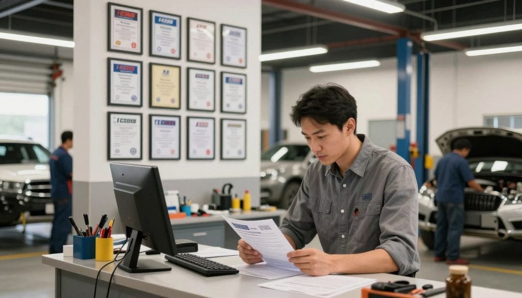 A well-lit automotive workshop, featuring a clean and organized auto body shop environment in the foreground. A focused scene shows a professional in business attire, examining certifications and accreditation documents on a countertop, surrounded by tools and equipment. The middle ground includes a wall displaying various auto repair certifications framed neatly, showcasing different industry accreditations like I-CAR and ASE. In the background, vehicles are visible in different stages of repair, with mechanics diligently working. The lighting is bright and warm, creating a welcoming atmosphere, while the angle captures an intimate perspective of the professional evaluating the credentials, conveying a sense of trust and reliability in the garage setting.